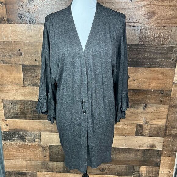 Max Studio Cardigan Grey Safety Pin Front Closure Ruffled Cuffs Medium - Picture 14 of 14